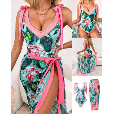 Tropical Print One-Piece Swimsuit With Cover Up - pink