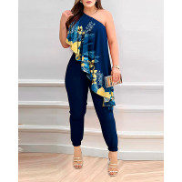 Tropical Print One Shoulder Asymmetrical Ruffles Cuffed Jumpsuit - blue