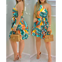 Tropical Print One Shoulder Tied Detail Belted Casual Dress - orange