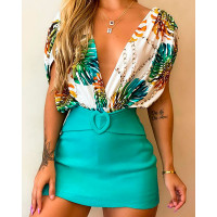 Tropical Print Plunge Top & Plain Skirt Set - blue