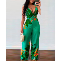 Tropical Print Plunging Neck Twist Design Jumpsuit - green