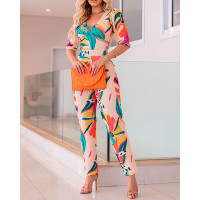 Tropical Print Puff Sleeve Cutout Top & Pants Set - Multicolor