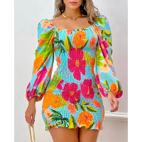 Tropical Print Puff Sleeve Shirred Dress - Multicolor