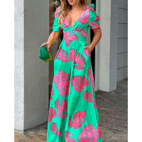 Tropical Print Puff Sleeve Wide Leg Jumpsuit - green