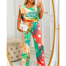 Tropical Print Round Neck Top & Drawstring Pants Set - yellow