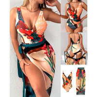 Tropical Print Ruched One-Piece Swimsuit With Cover Up - green