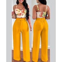 Tropical Print Shirred Crop Top & High Waist Pants Set - yellow