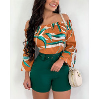 Tropical Print Shirred Off Shoulder Top & Shorts Set - brown