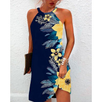 Tropical Print Sleeveless Casual Dress - blue