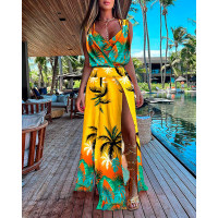 Tropical Print Sleeveless High Slit Maxi Dress With Bra Top - Multicolor