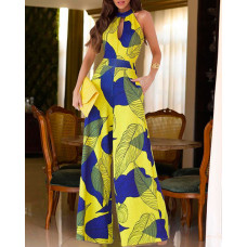 Tropical Print Sleeveless Wide Leg Jumpsuit - yellow