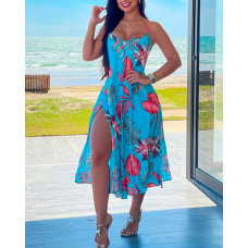 Tropical Print Slit Cami Dress - blue