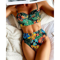 Tropical Print Spaghetti Strap Bikini Set - green