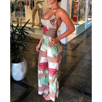 Tropical Print Spaghetti Strap Jumpsuit - Multicolor