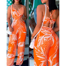 Tropical Print Spaghetti Strap Jumpsuit - orange