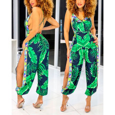 Tropical Print Split Hem Crisscross Backless Jumpsuit - green