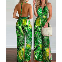 Tropical Print Split Hem Halter Backless Jumpsuit - green