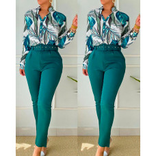 Tropical Print Stand Collar Top & Pants Set - green