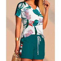 Tropical Print T-shirt & Drawstring Buttoned Shirt Set - green