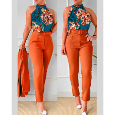 Tropical Print Tank Top & High Waist Pants Set With Belt - orange