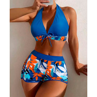 Tropical Print Tied Detail Bikini Set - blue