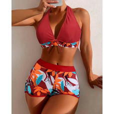 Tropical Print Tied Detail Bikini Set - red