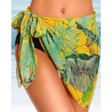 Tropical Print Tied Detail Chiffon Cover Up Wrap Skirt - yellow