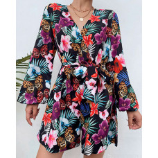 Tropical Print Tied Detail Lantern Sleeve Romper - black