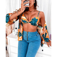 Tropical Print Twist Crop Cami Top & Blouse Set - Multicolor