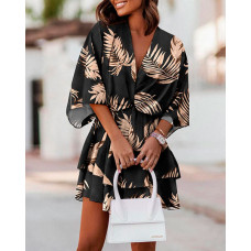 Tropical Print Twist Design Casual Dress - black