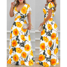 Tropical Print V-Neck Bell Sleeve Maxi Dress - white