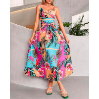 Tropical Print V-Neck Maxi Dress With Belt - Multicolor