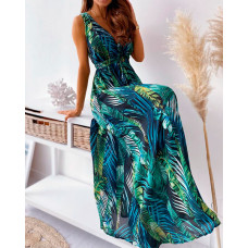 Tropical Print V Neck Tied Detail Maxi Dress - green