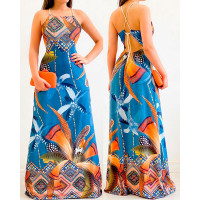 Tropical Tribal Print Crisscross Backless Maxi Dress - turquoise blue