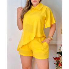 Turn Down Collar Asymmetrical Top & Shorts Set - yellow