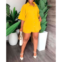 Turn-down Collar Buttoned Top & Shorts Set - yellow