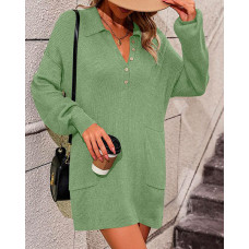 Turn-down Collar Pocket Design Buttoned Sweater - green