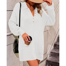 Turn-down Collar Pocket Design Buttoned Sweater - white