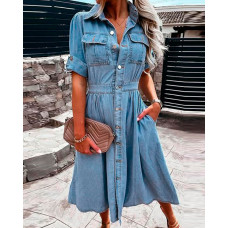 Turn Down Collar Pocket Design Denim Dress - blue