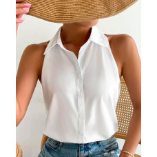 Turndown Collar Sleeveless Buttoned Top - white