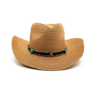 Turquoise Braided Tape Wide Brim Cowboy Straw Hat - khaki