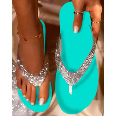 Turquoise Color Rhinestone Strap Flip Flops - turquoise blue