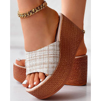 Tweed Peep Toe Platform Wedge Slippers Summer Sandals - beige