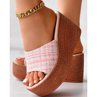 Tweed Peep Toe Platform Wedge Slippers Summer Sandals - pink