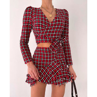 Tweed Ruffles Trim Plaid Print Skirt - red