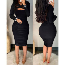 Twist Cutout Long Sleeve Ruched Bodycon Dress - black