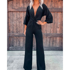 Twist Front Deep V-Neck Jumpsuit - black