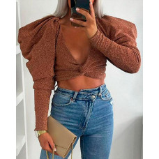 Twist Front Gigot Sleeve Chocolate Crop Top - brown