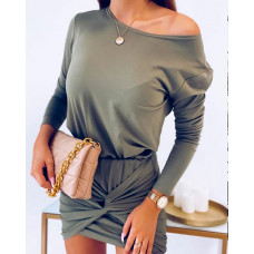 Twist Front Long Sleeve Mini Dress - Army green