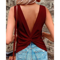 Twisted Backless V-Neck Tank Top - Wine red